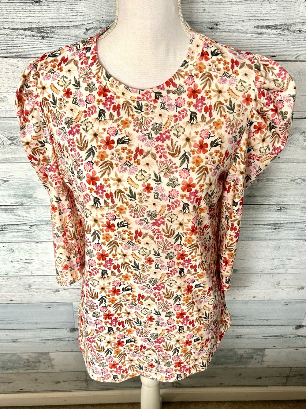 Floral Puff-Sleeve Blouse in Cream and Pink